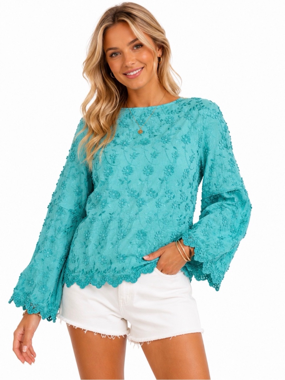 Soft Surroundings Teal Floral Embroidered Scallop Hem Blouse XS
